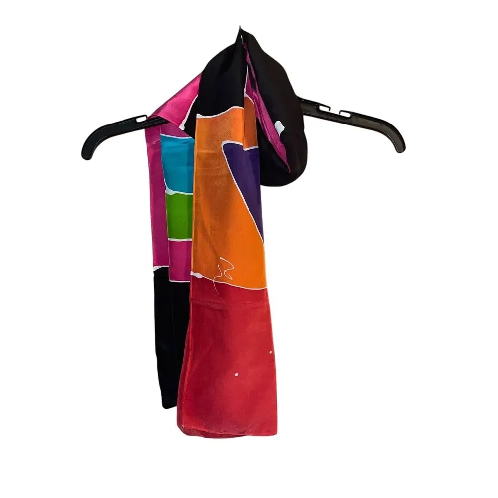 Vtg 80s Artist Signed Abstract Hand Rolled Rectangular Silk Scarf/Hair Wrap